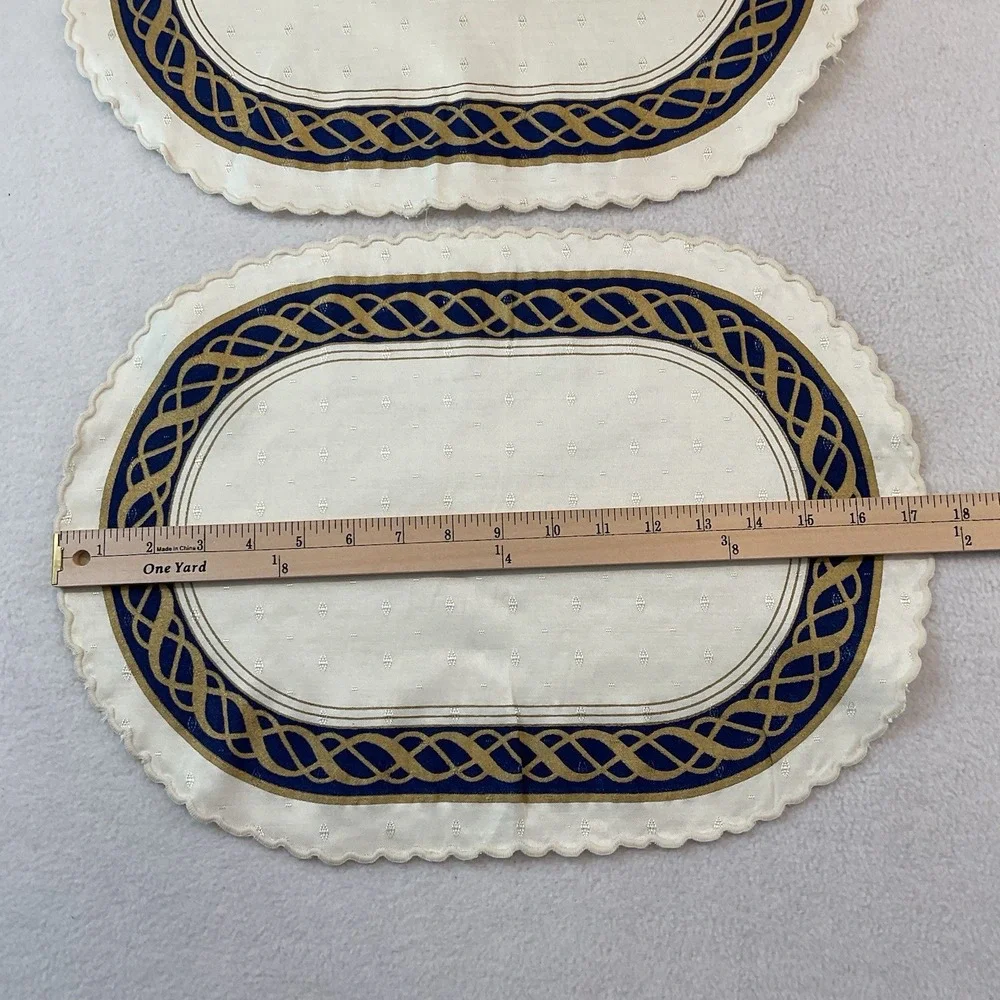 Lenox Hamilton Oval Placemats Cloth Set Of 2 Ivory Gold Navy Blue Vintage Lot #5